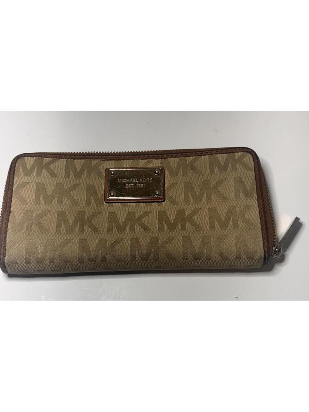 Michael Kors Jet Set MK Logo Zip Around Wallet Beige Brown PVC Leather